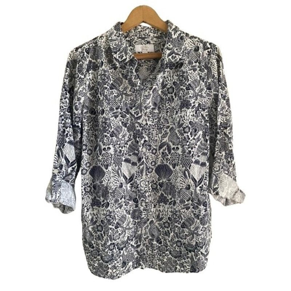 Charter Club Luxury Linen Blend‎ Seaside Solace Nautical Shirt Navy White Medium